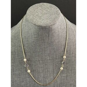Vintage Gold Tone Korea Herringbone Faceted Long Crystal Pearl Necklace 22”